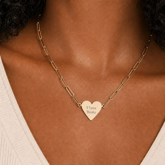 Engraved "I Love Books" Paperclip Heart Necklace – Heart Pendant Chain