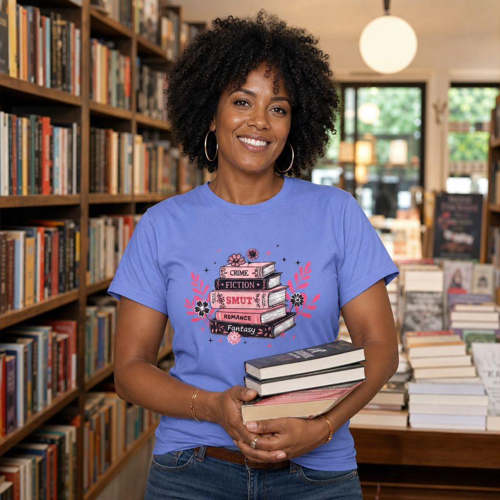 Book Stack Graphic T-Shirt — Cute Floral Reading Shirt (Crime, Fiction, Smut, Romance)