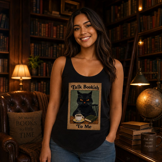 "Talk Bookish To Me" Cat Tank Top – Book Lover Coffee Tee