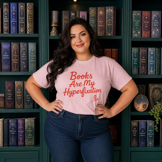 Books Are My Hyperfixation T-Shirt — Cute Red Script Reading Tee for Book Lovers