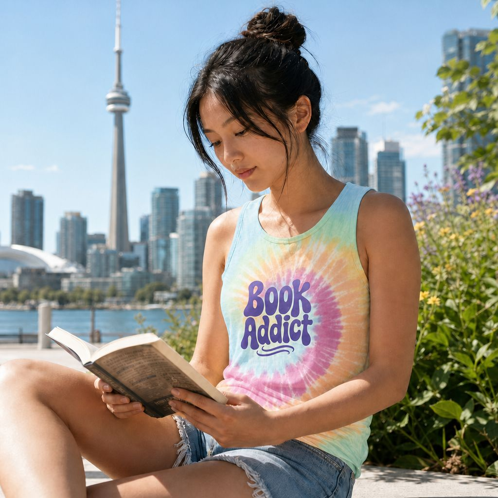 "Book Addict" Tie-Dye Tank Top — Colourful Spiral Graphic Book Lover Shirt