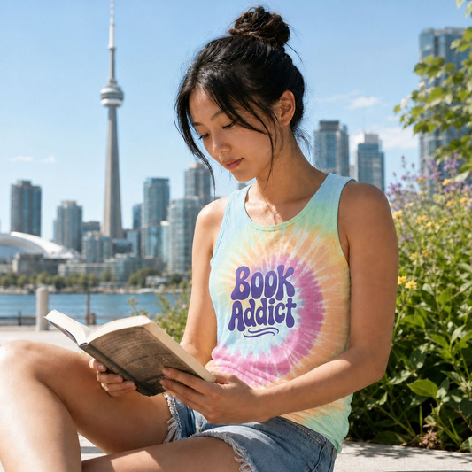 "Book Addict" Tie-Dye Tank Top — Colourful Spiral Graphic Book Lover Shirt