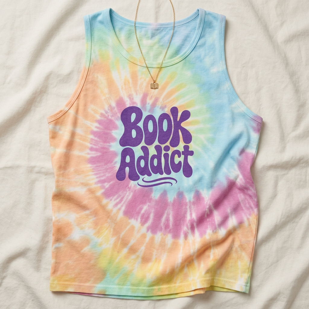 "Book Addict" Tie-Dye Tank Top — Colourful Spiral Graphic Book Lover Shirt