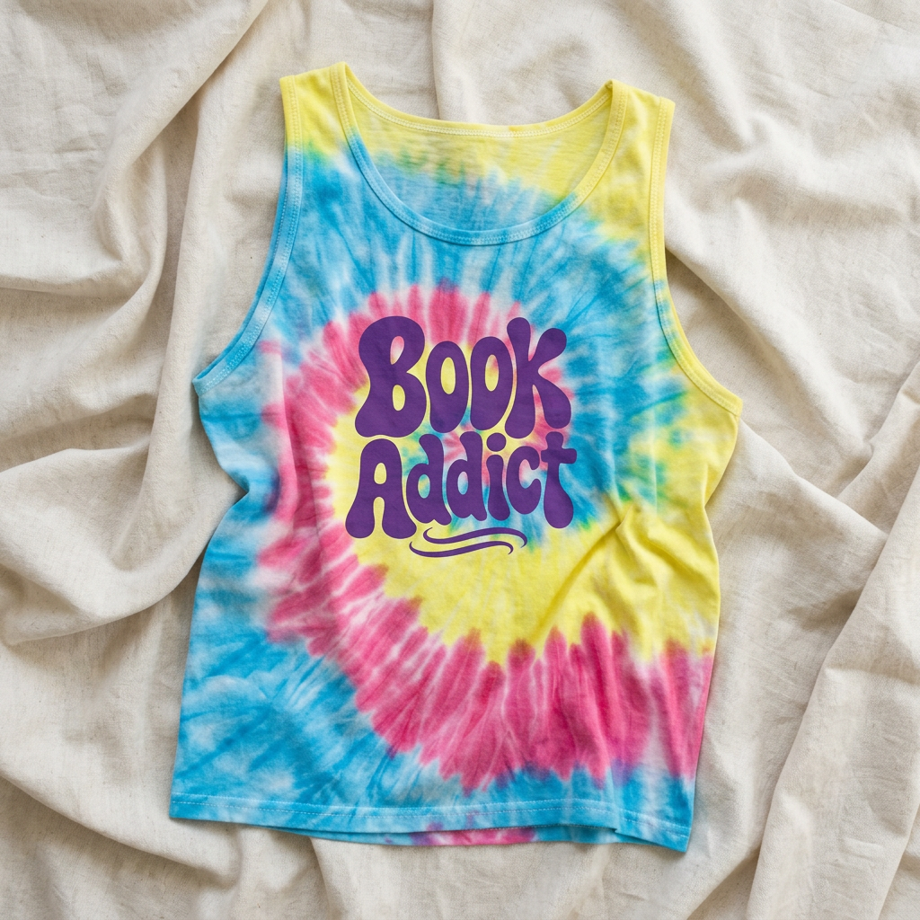 "Book Addict" Tie-Dye Tank Top — Colourful Spiral Graphic Book Lover Shirt