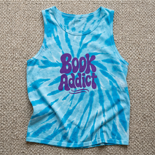 "Book Addict" Tie-Dye Tank Top — Colourful Spiral Graphic Book Lover Shirt