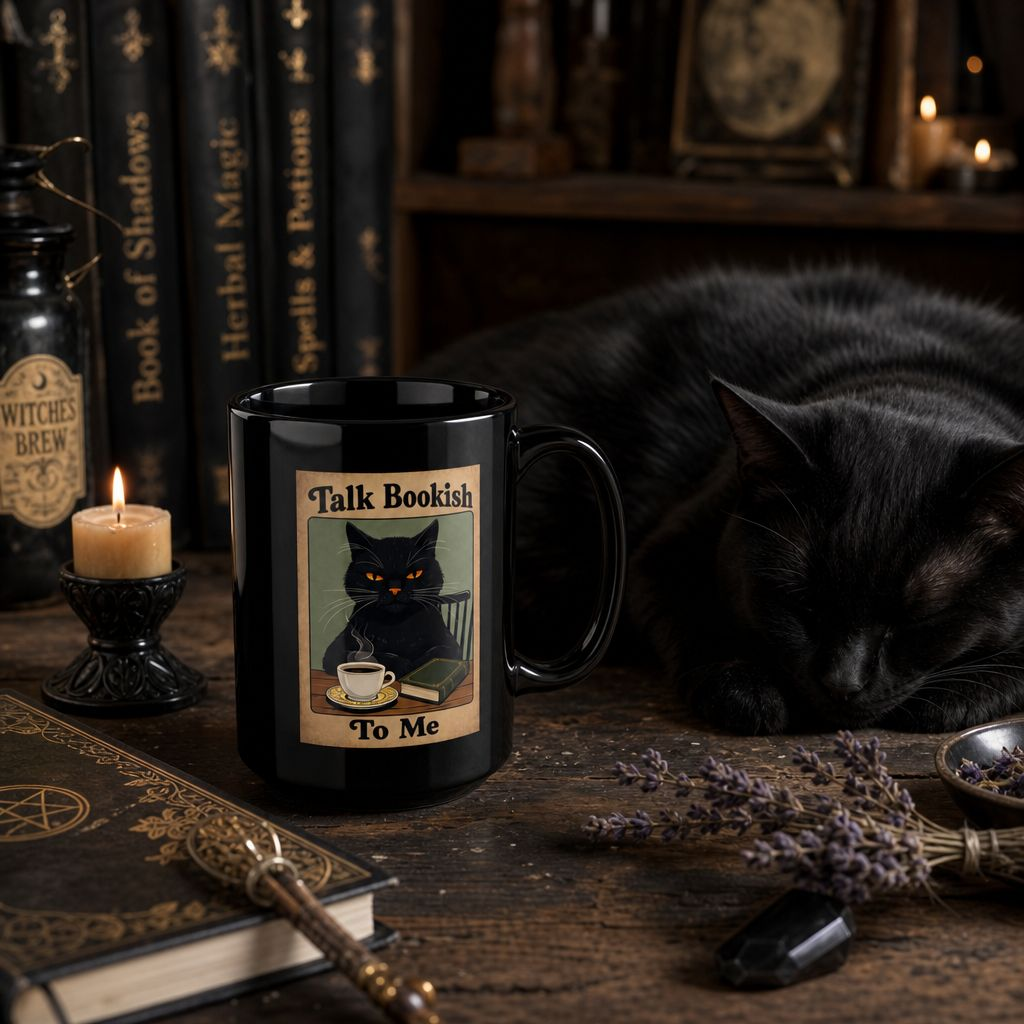 Bookish Cat Coffee Mug — “Talk Bookish To Me” Black Ceramic Mug