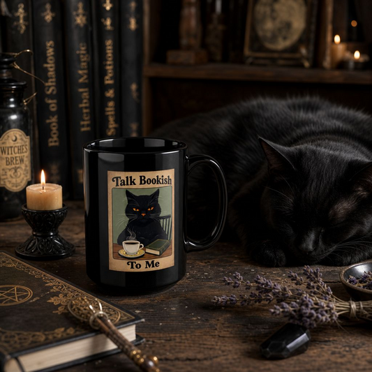 Bookish Cat Coffee Mug — “Talk Bookish To Me” Black Ceramic Mug