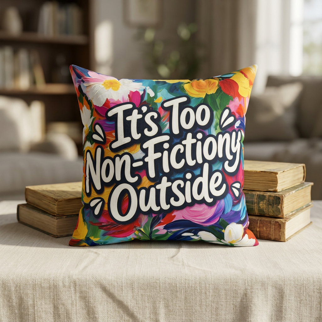 Faux Suede Pillow — “It’s Too Non-Fictiony Outside” Floral Book Lover Accent Pillow