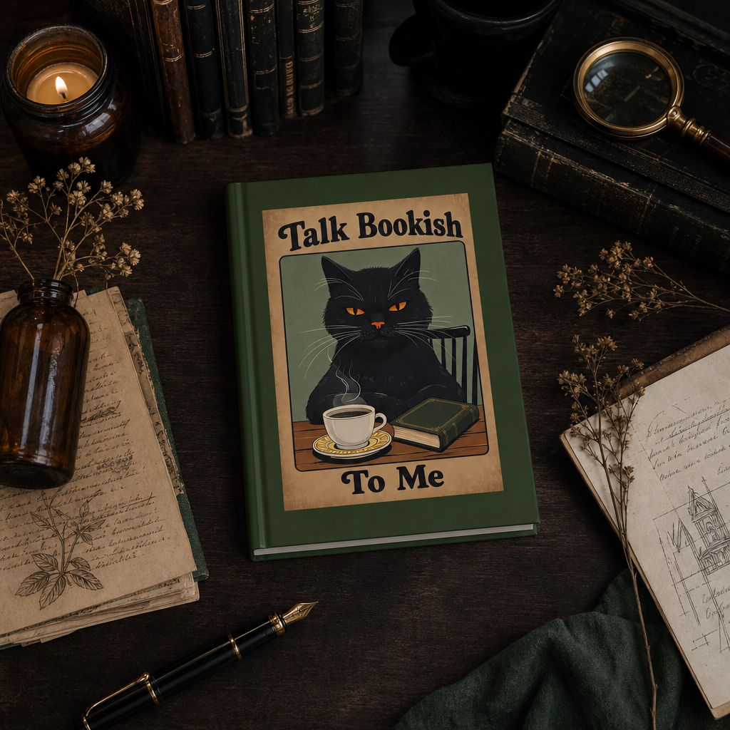 Hardcover Journal — "Talk Bookish To Me" Cat Coffee Reading Notebook