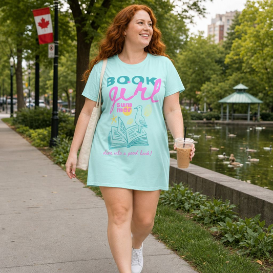 "Book Girl Summer" T-Shirt Dress — Cute Pastel Reading Graphic Dress