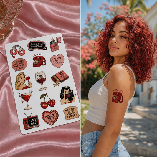 Retro Pin-up Smutty Romance Temporary Tattoo Sheet — Vintage Glamour, Cocktail & Sassy Sayings