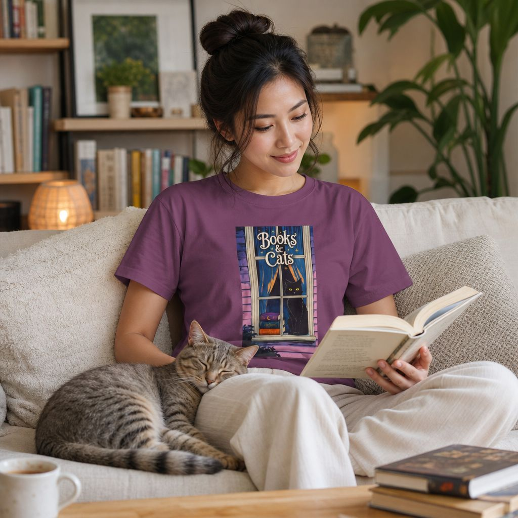 "Books & Cats" T-Shirt — Cozy Bookshop Window Graphic Tee