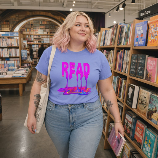 "READ" Dripping Graphic T-Shirt — Psychedelic Melting Book Design