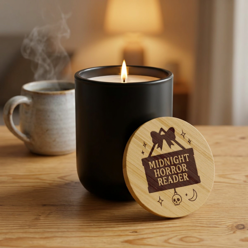 "Midnight Horror Reader" Scented 14oz Soy Candle – Engraved Bamboo Lid