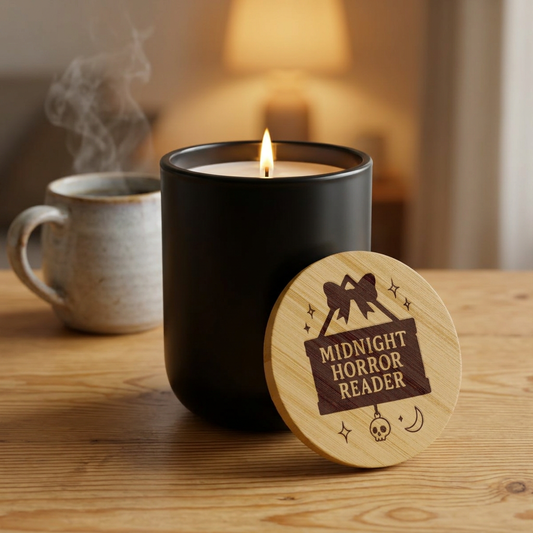 "Midnight Horror Reader" Scented 14oz Soy Candle – Engraved Bamboo Lid