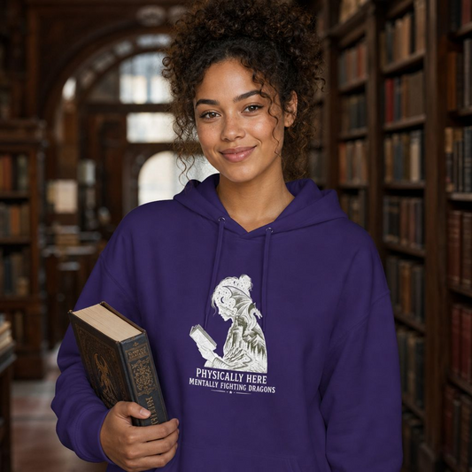 Fleece Fantasy Readers Hoodie  —"Physically Here, Mentally Fighting Battles"