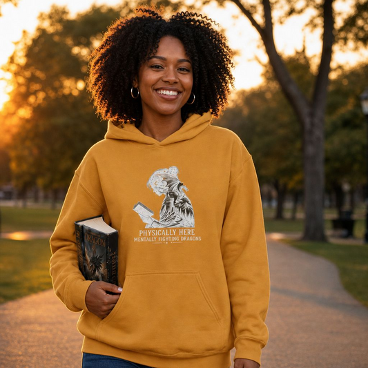 Fleece Fantasy Readers Hoodie  —"Physically Here, Mentally Fighting Battles"