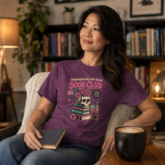 "Unapologetically Anti-Social Book Club" T-Shirt — Skull & Books Graphic Tee for Avid Readers
