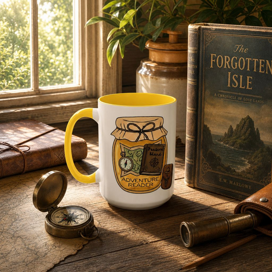 "Adventure Reader" Accent Coffee Mug — Bookish Travel Compass & Treasure Jam Jar Design