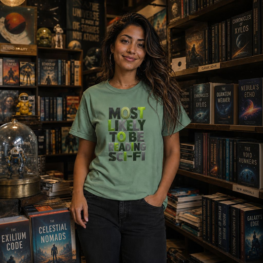 "Most Likely To Be Reading Sci‑Fi" T-Shirt for Science Fiction Book Lovers