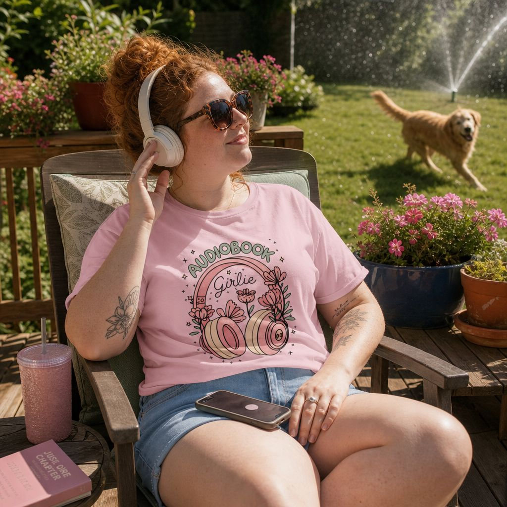 "Audiobook Girlie" T-Shirt — Floral Headphones Graphic Tee