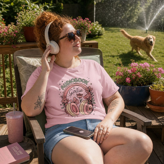 "Audiobook Girlie" T-Shirt — Floral Headphones Graphic Tee