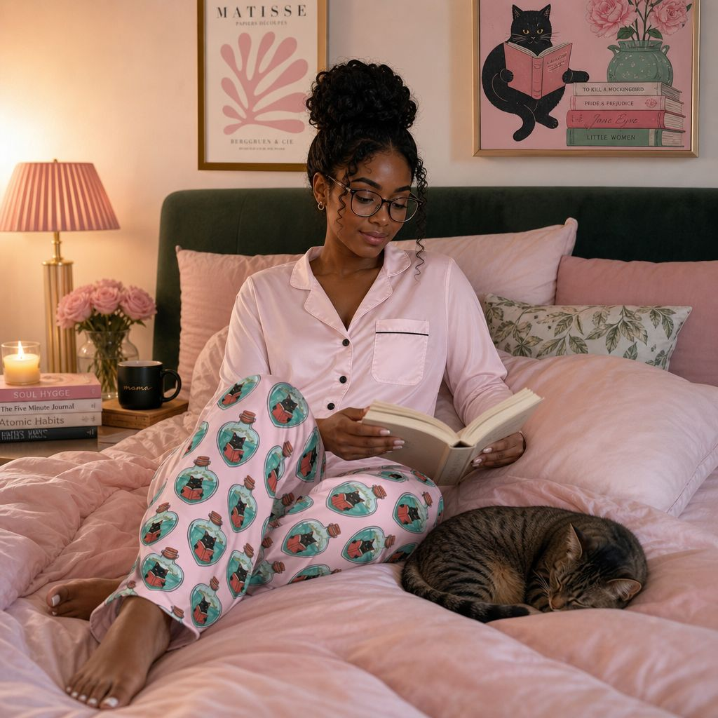 Women's Satin Pajama Set — Pink Sleep Top with Custom All-Over Patterned Pants (Cute Face Print)