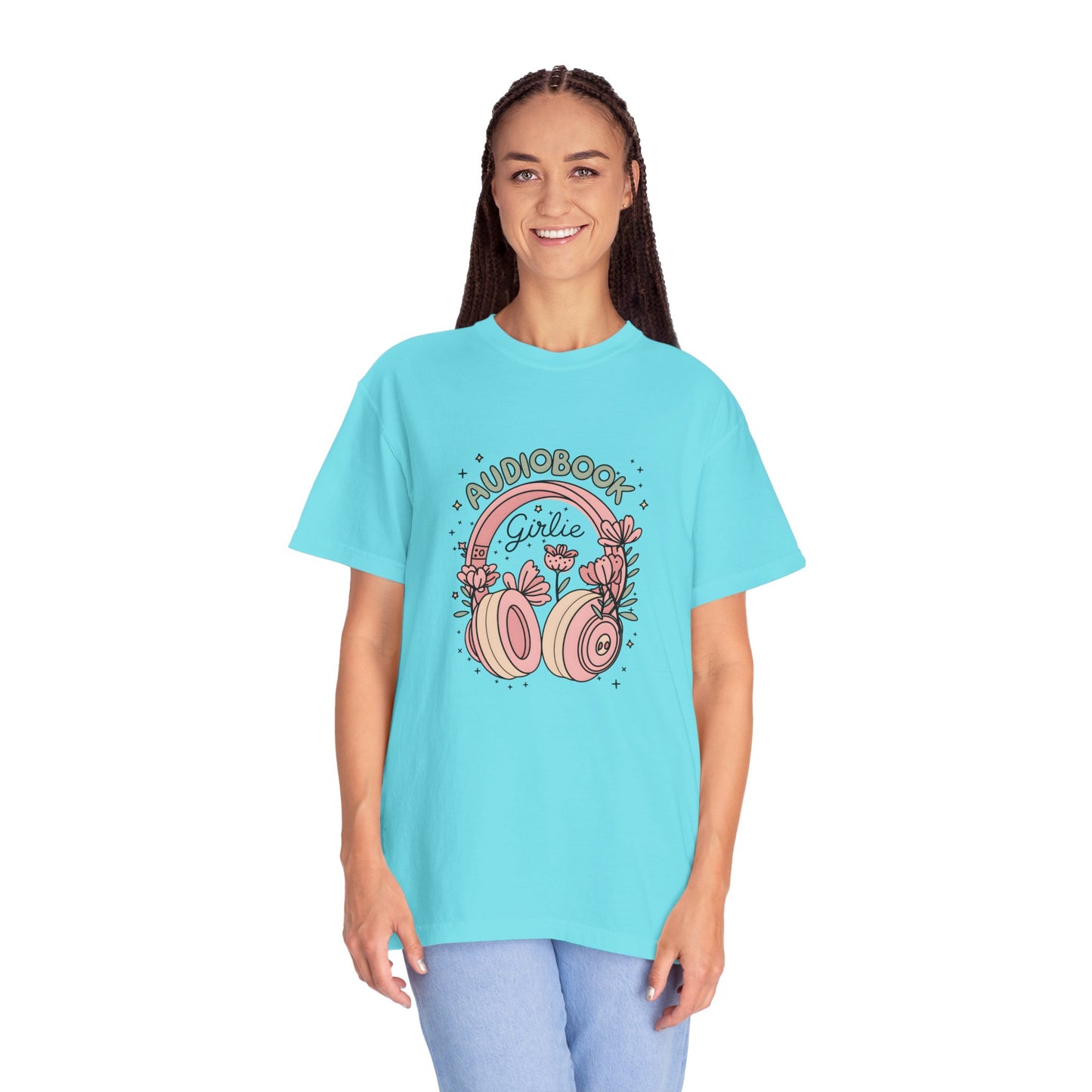 "Audiobook Girlie" T-Shirt — Floral Headphones Graphic Tee