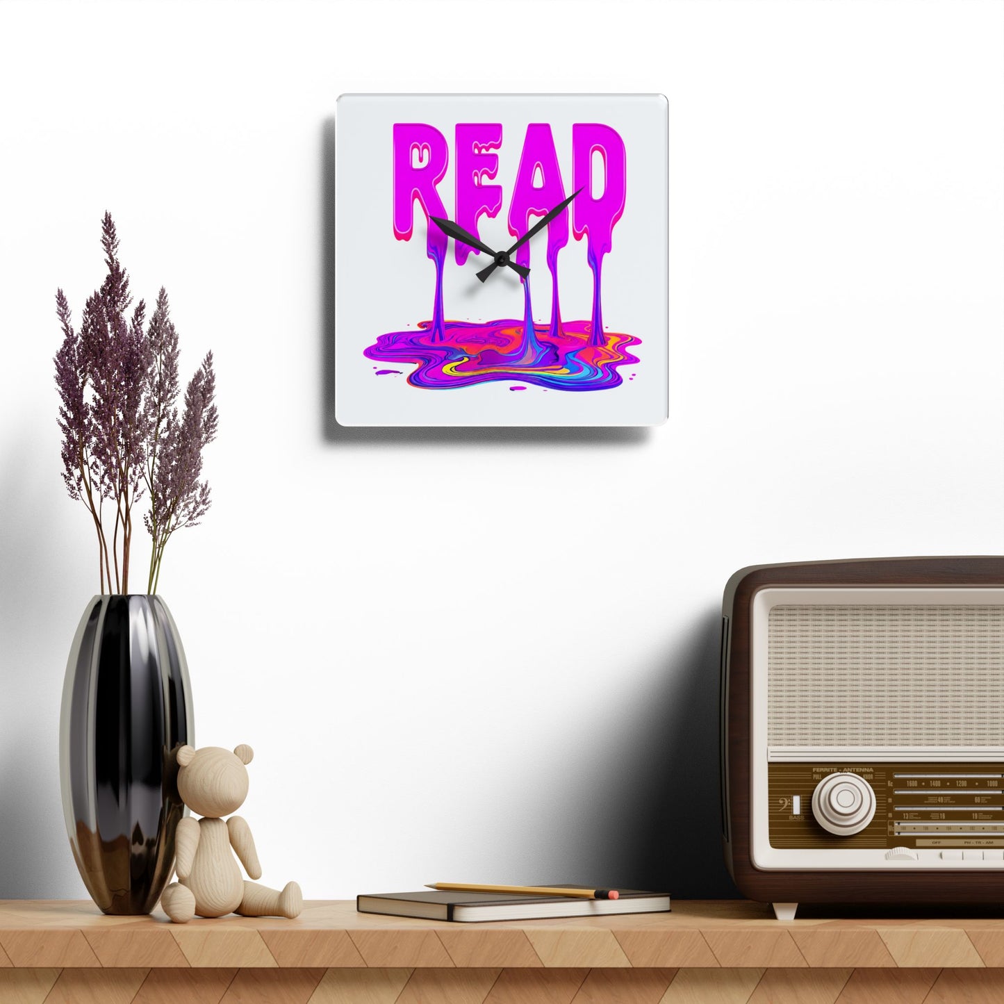 Acrylic Wall Clock — "READ" Drippy Neon Melt Art Clock for Book Lovers