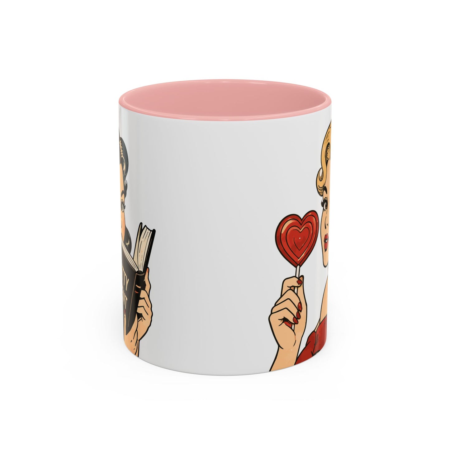 Retro Pin-Up Coffee Mug — Vintage Pop Art Woman with Heart Lollipop (11oz)