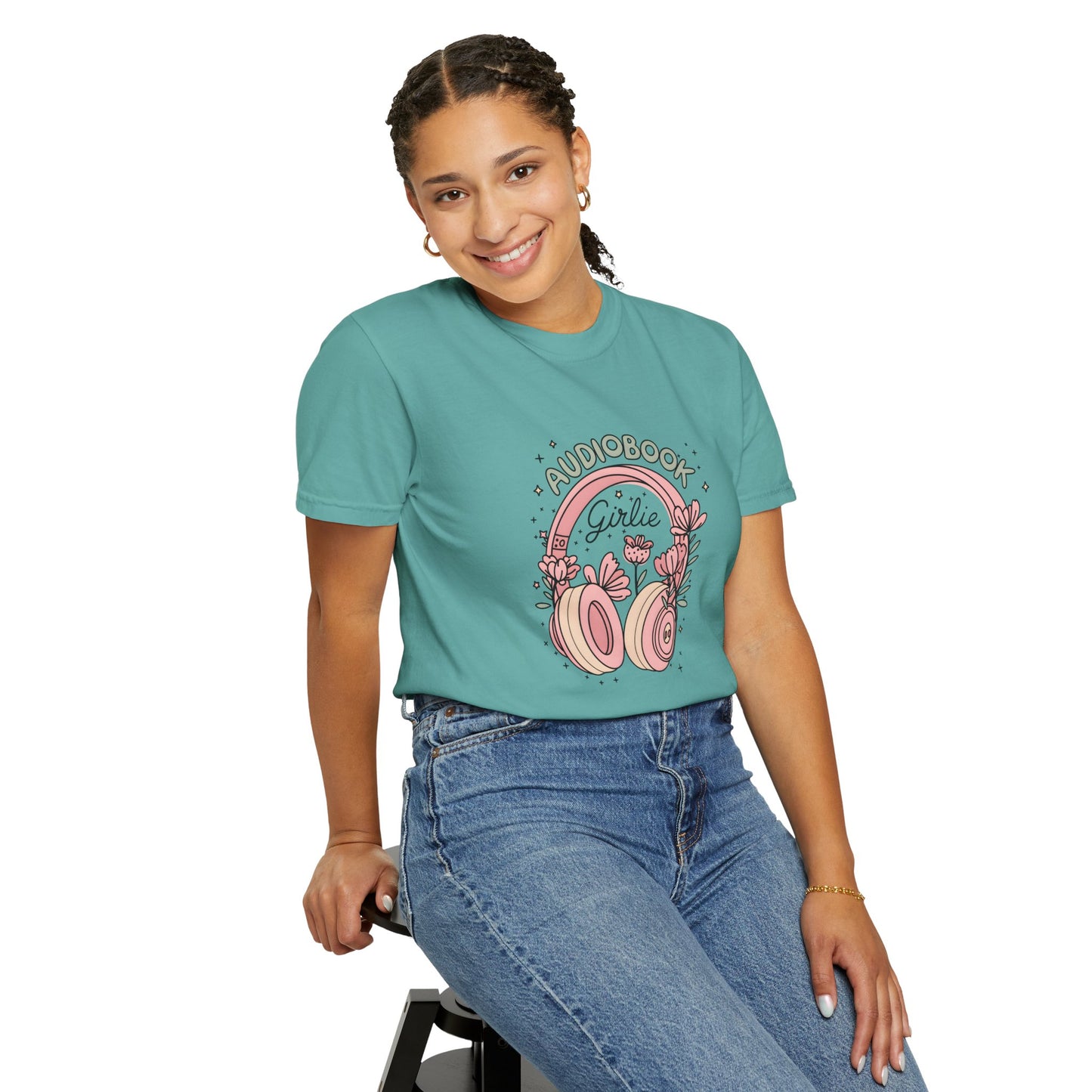 "Audiobook Girlie" T-Shirt — Floral Headphones Graphic Tee
