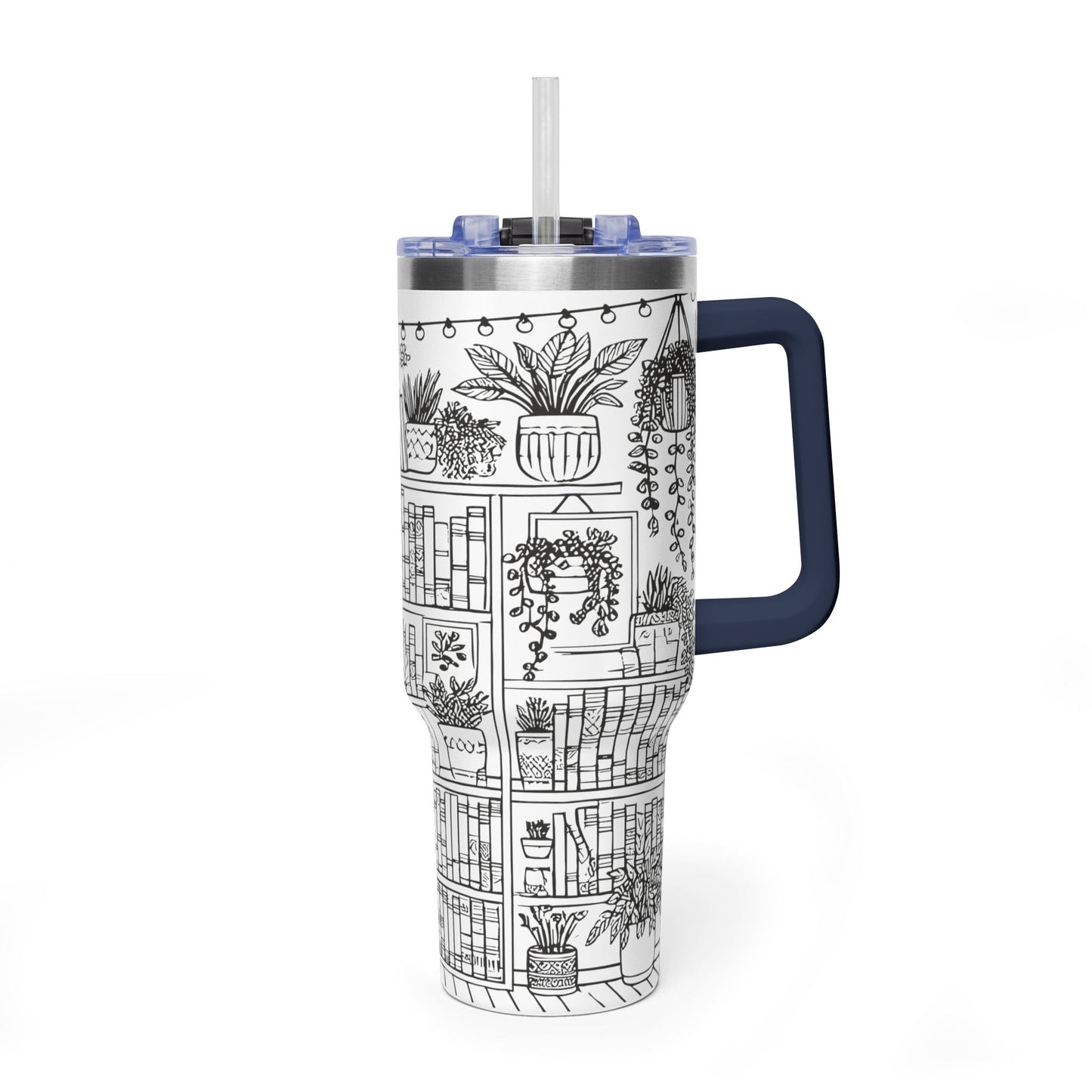 40oz Booklover Vacuum Tumbler – Illustrated Bookshelf Design