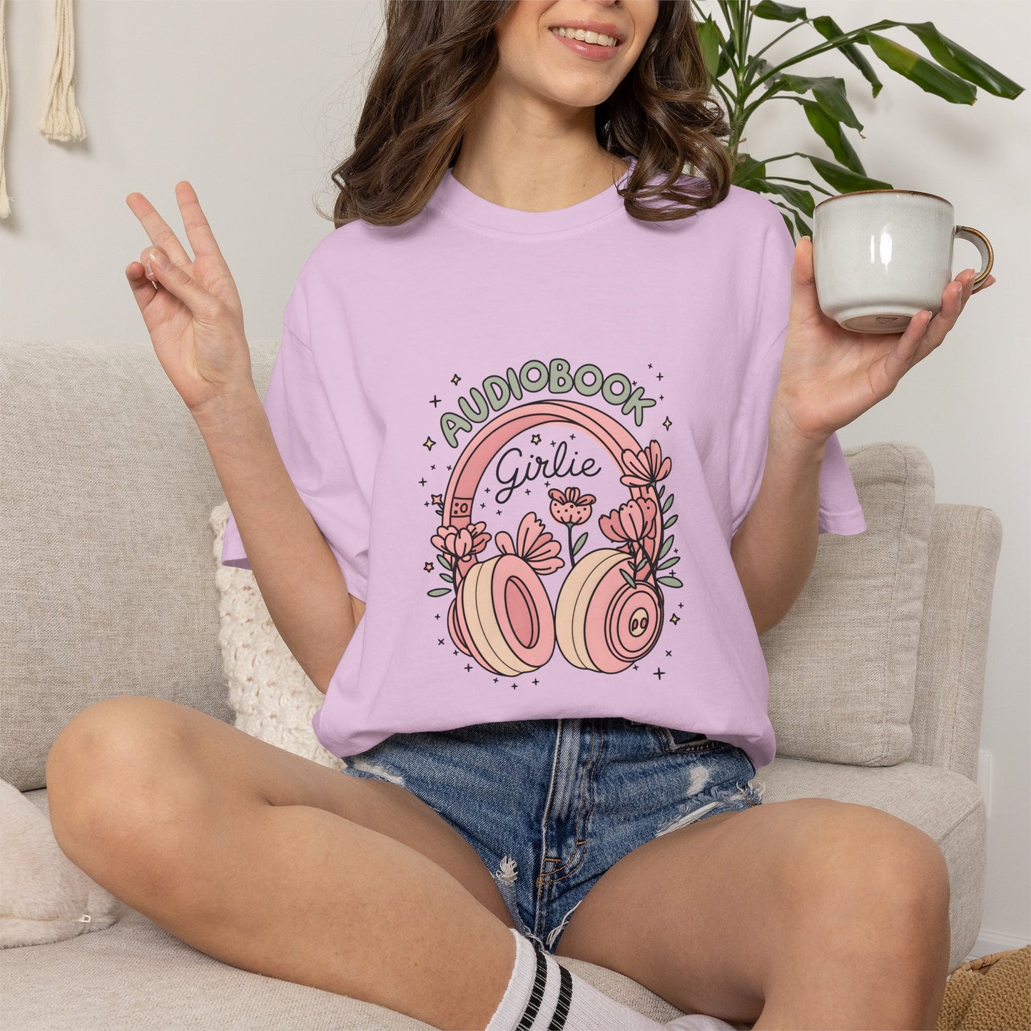 "Audiobook Girlie" T-Shirt — Floral Headphones Graphic Tee