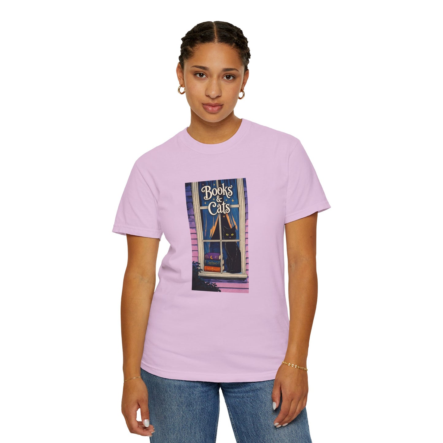 "Books & Cats" T-Shirt — Cozy Bookshop Window Graphic Tee