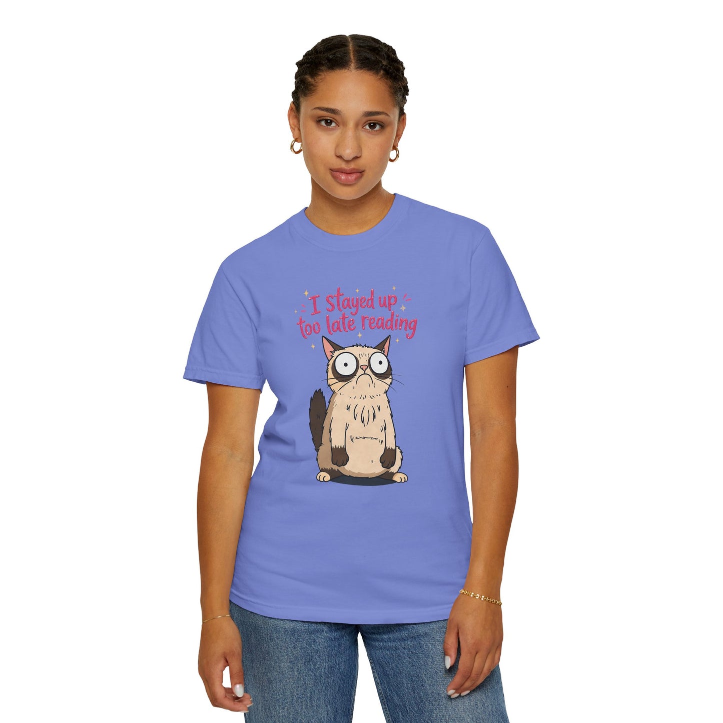"I Stayed Up Too Late Reading" Cat T-Shirt — Cute Book Lover Graphic Tee