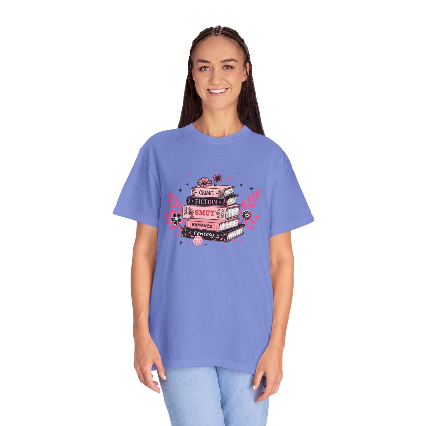 Book Stack Graphic T-Shirt — Cute Floral Reading Shirt (Crime, Fiction, Smut, Romance)