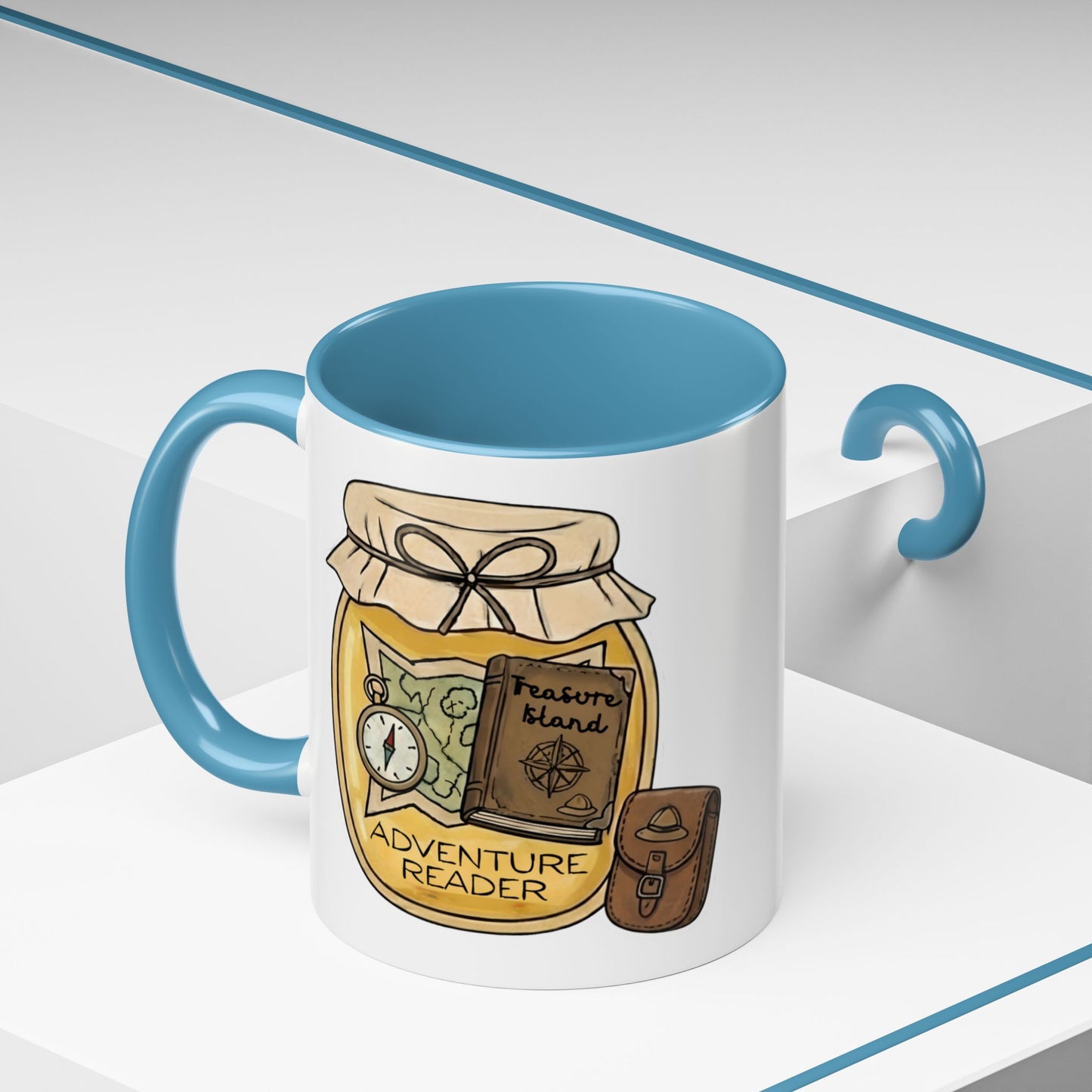 "Adventure Reader" Accent Coffee Mug — Bookish Travel Compass & Treasure Jam Jar Design