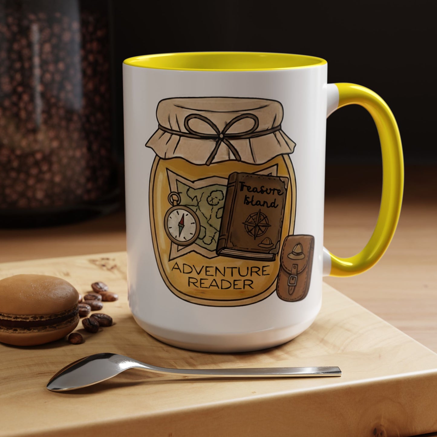 "Adventure Reader" Accent Coffee Mug — Bookish Travel Compass & Treasure Jam Jar Design