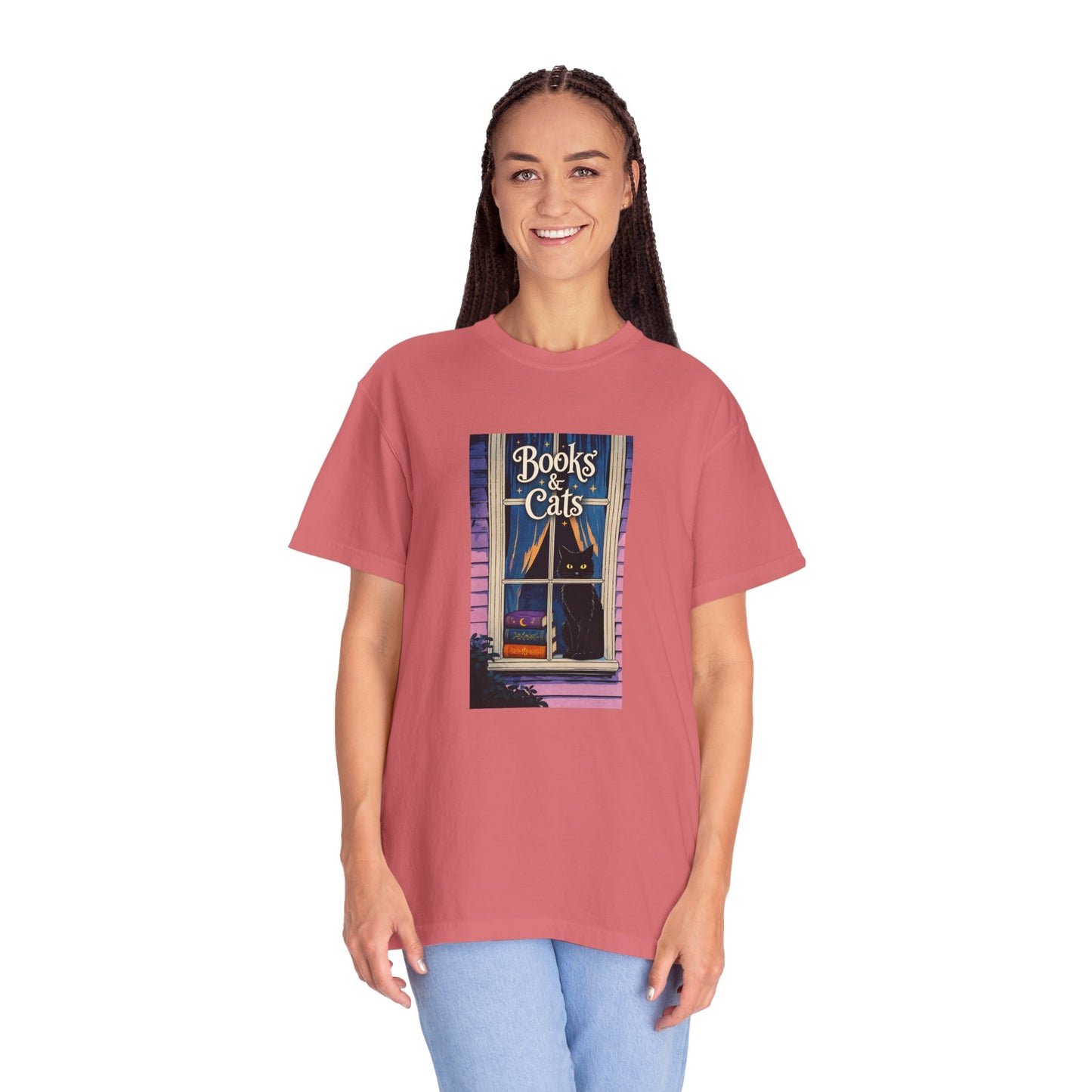"Books & Cats" T-Shirt — Cozy Bookshop Window Graphic Tee