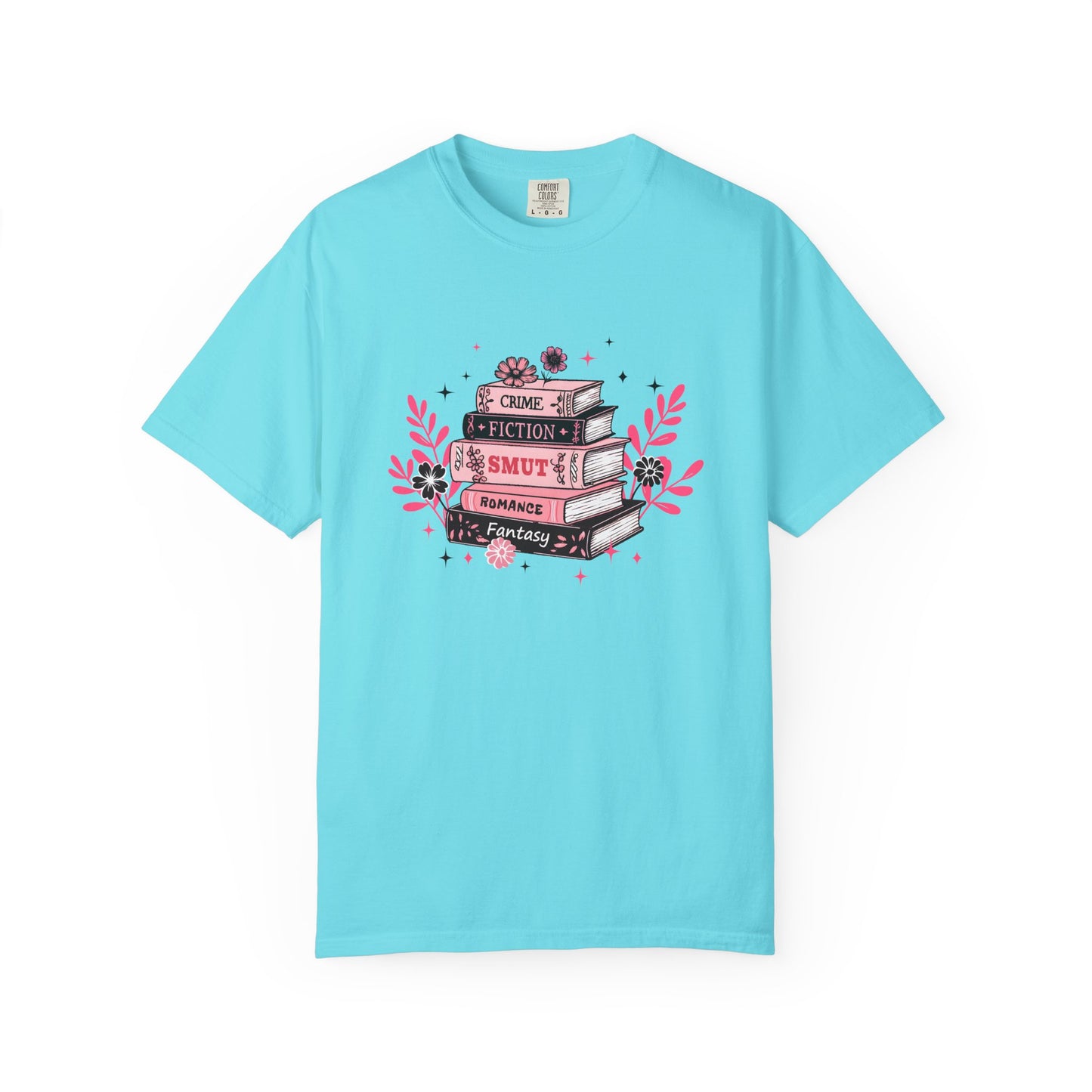 Book Stack Graphic T-Shirt — Cute Floral Reading Shirt (Crime, Fiction, Smut, Romance)