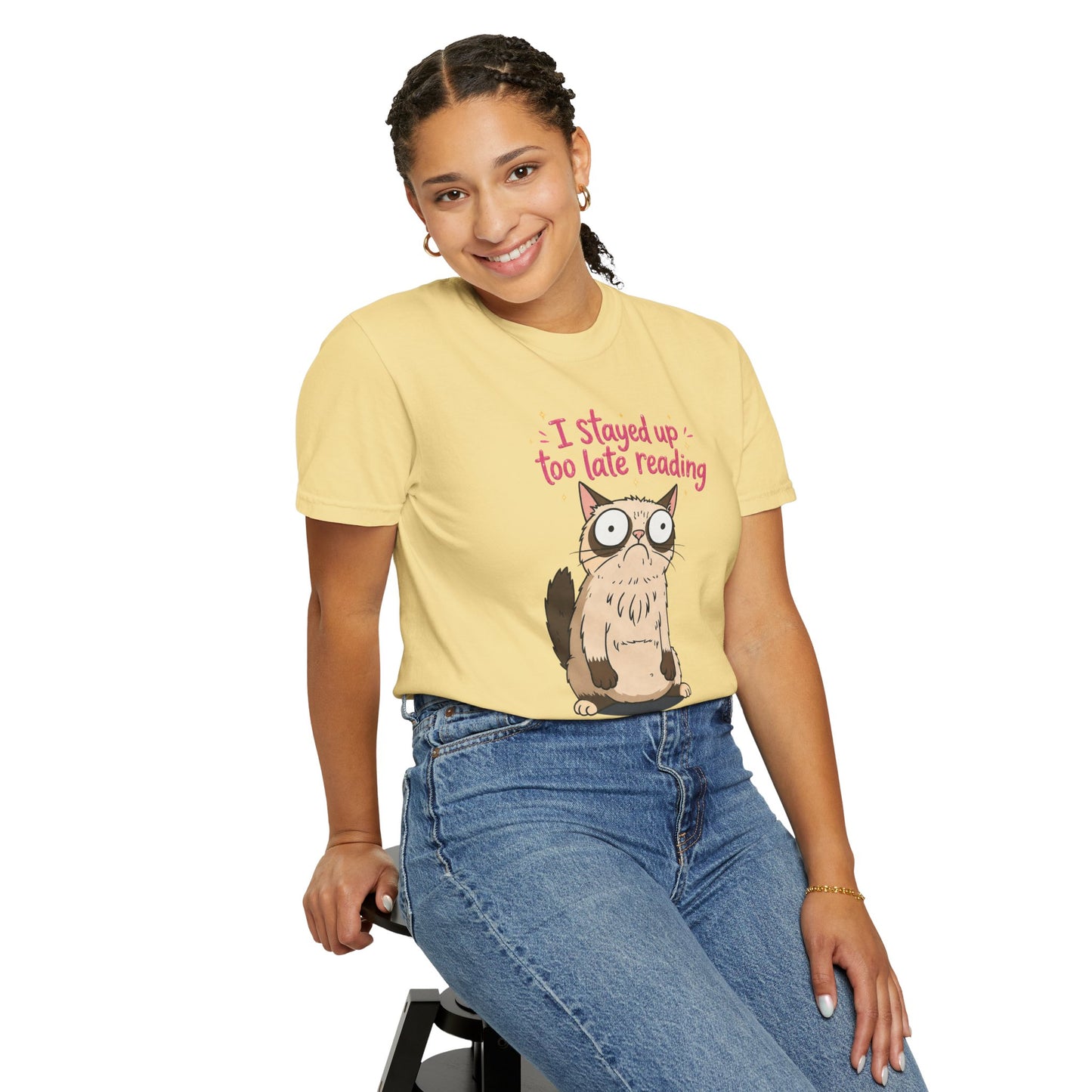 "I Stayed Up Too Late Reading" Cat T-Shirt — Cute Book Lover Graphic Tee