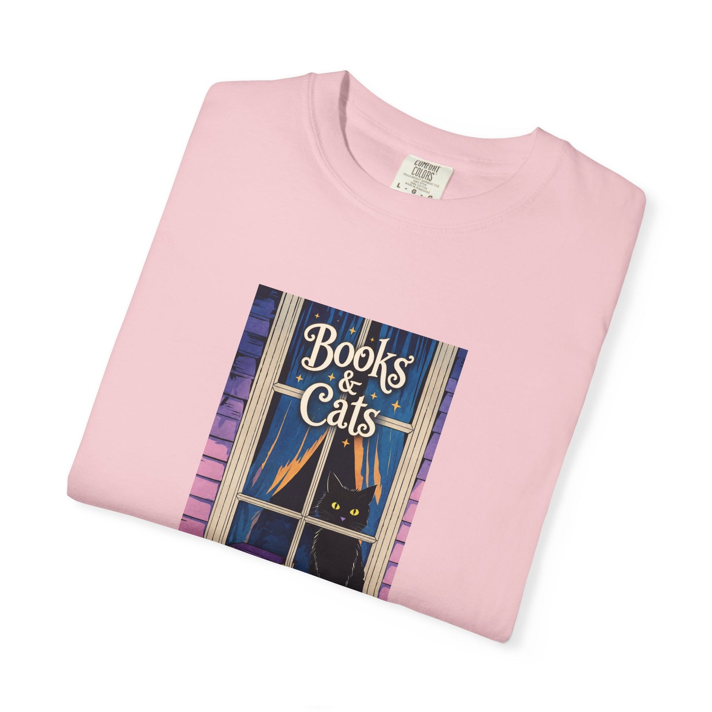 "Books & Cats" T-Shirt — Cozy Bookshop Window Graphic Tee