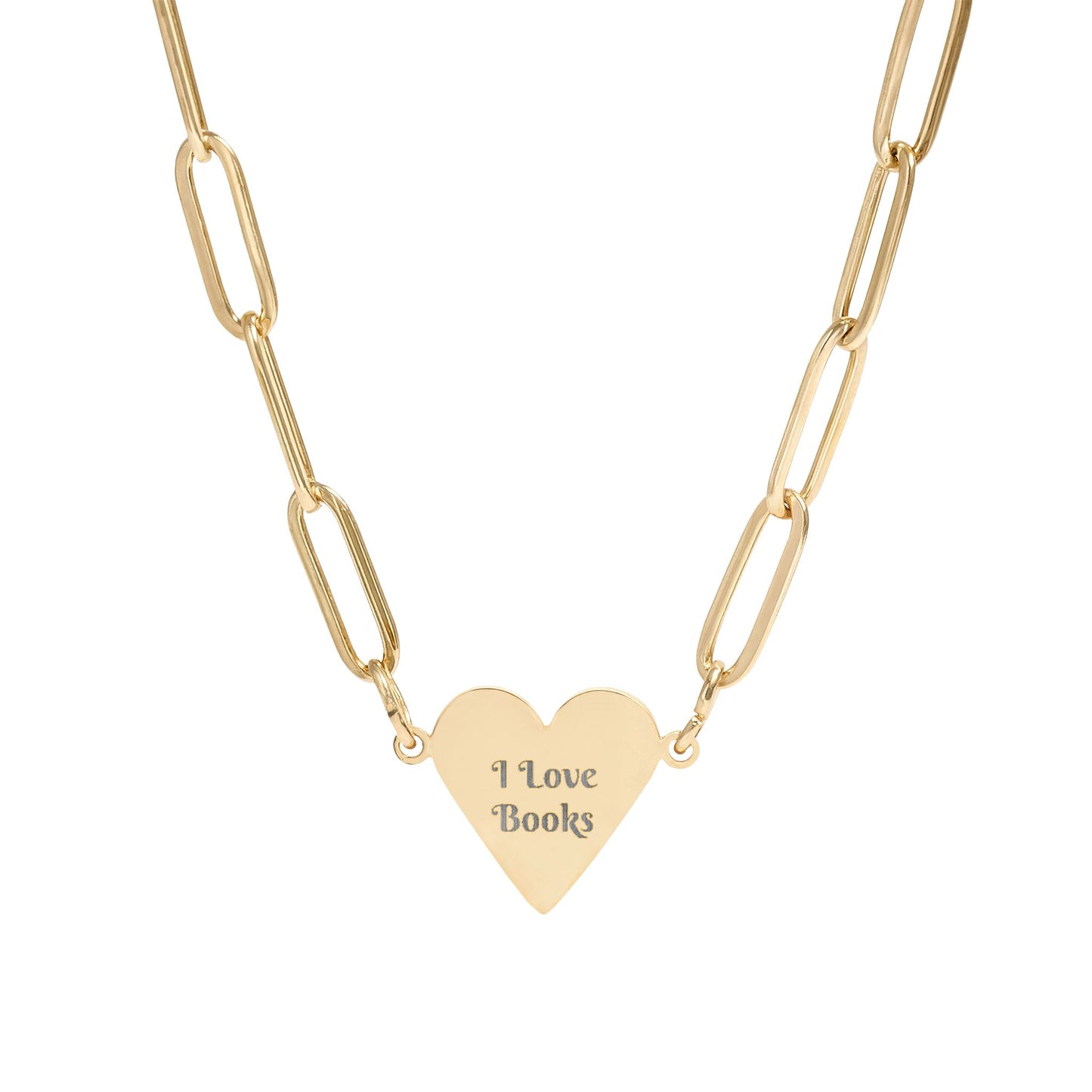 Engraved "I Love Books" Paperclip Heart Necklace – Heart Pendant Chain