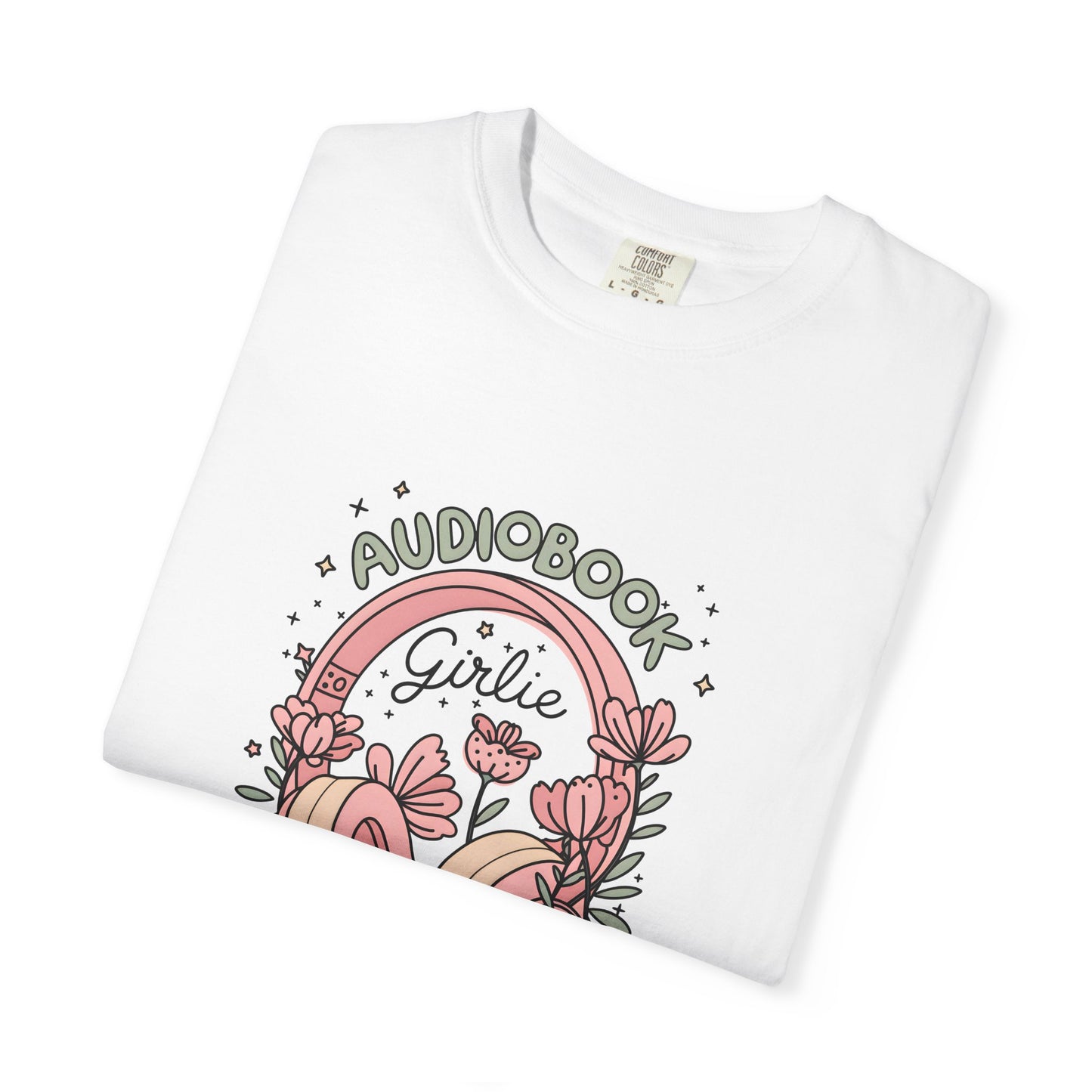 "Audiobook Girlie" T-Shirt — Floral Headphones Graphic Tee