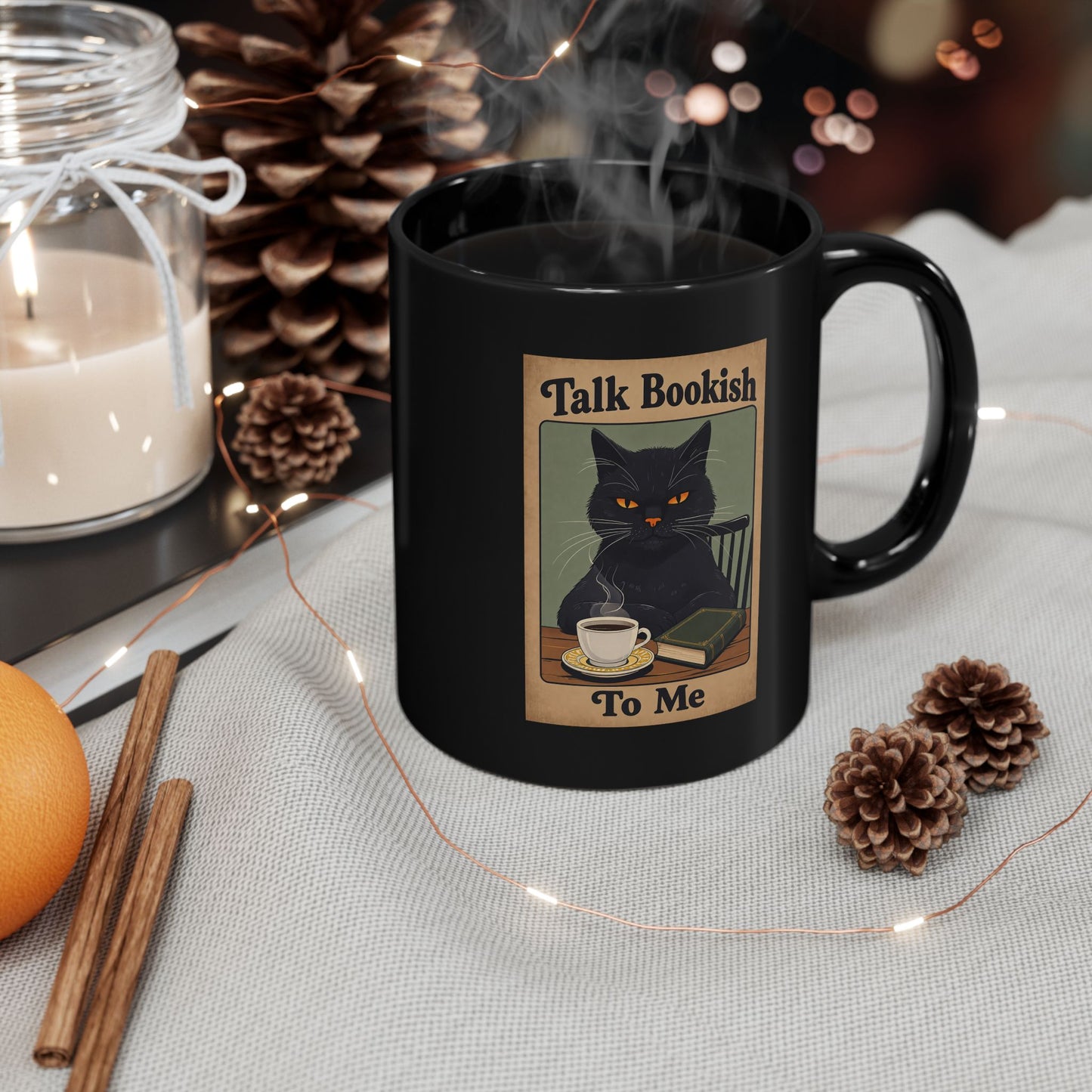 Bookish Cat Coffee Mug — “Talk Bookish To Me” Black Ceramic Mug