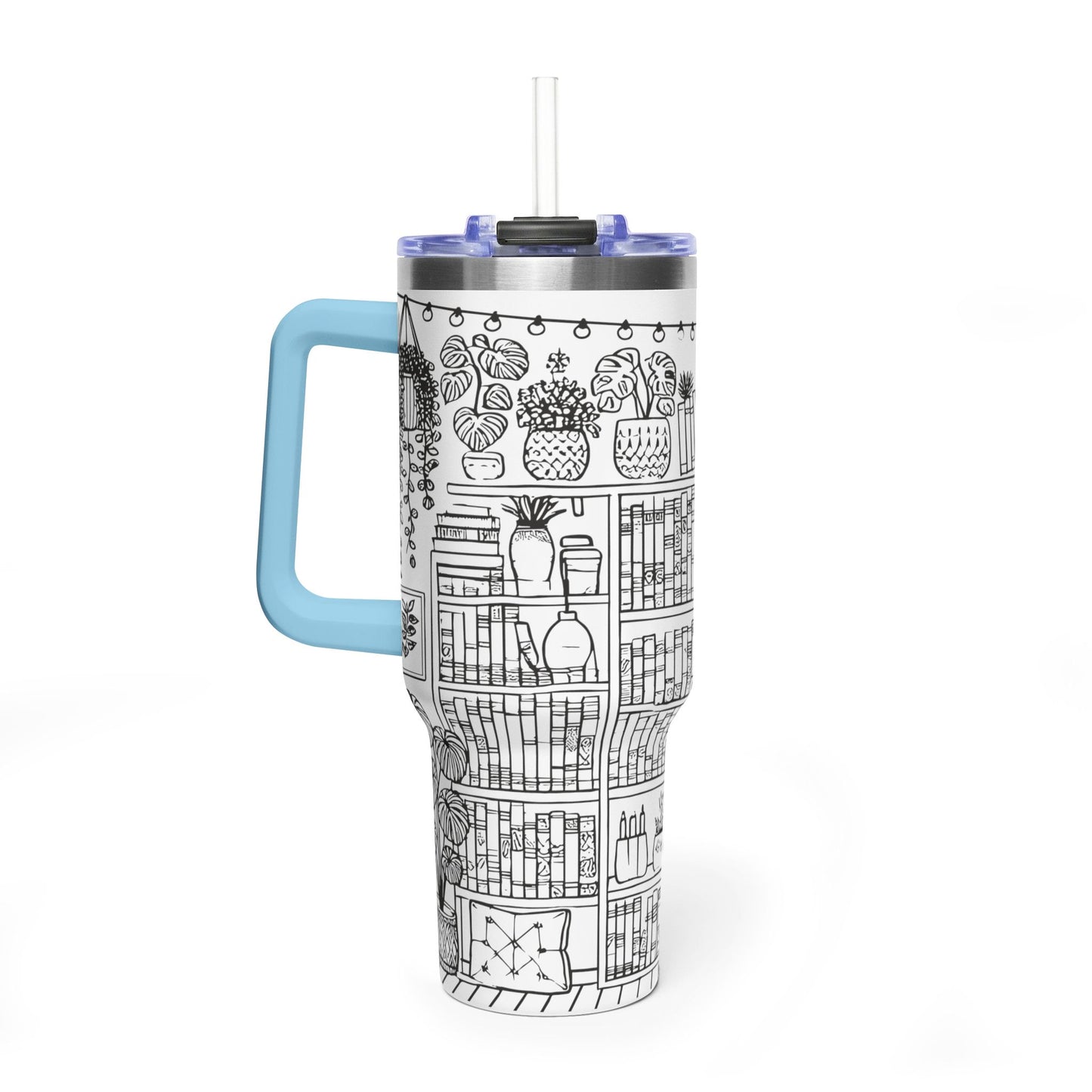 40oz Booklover Vacuum Tumbler – Illustrated Bookshelf Design