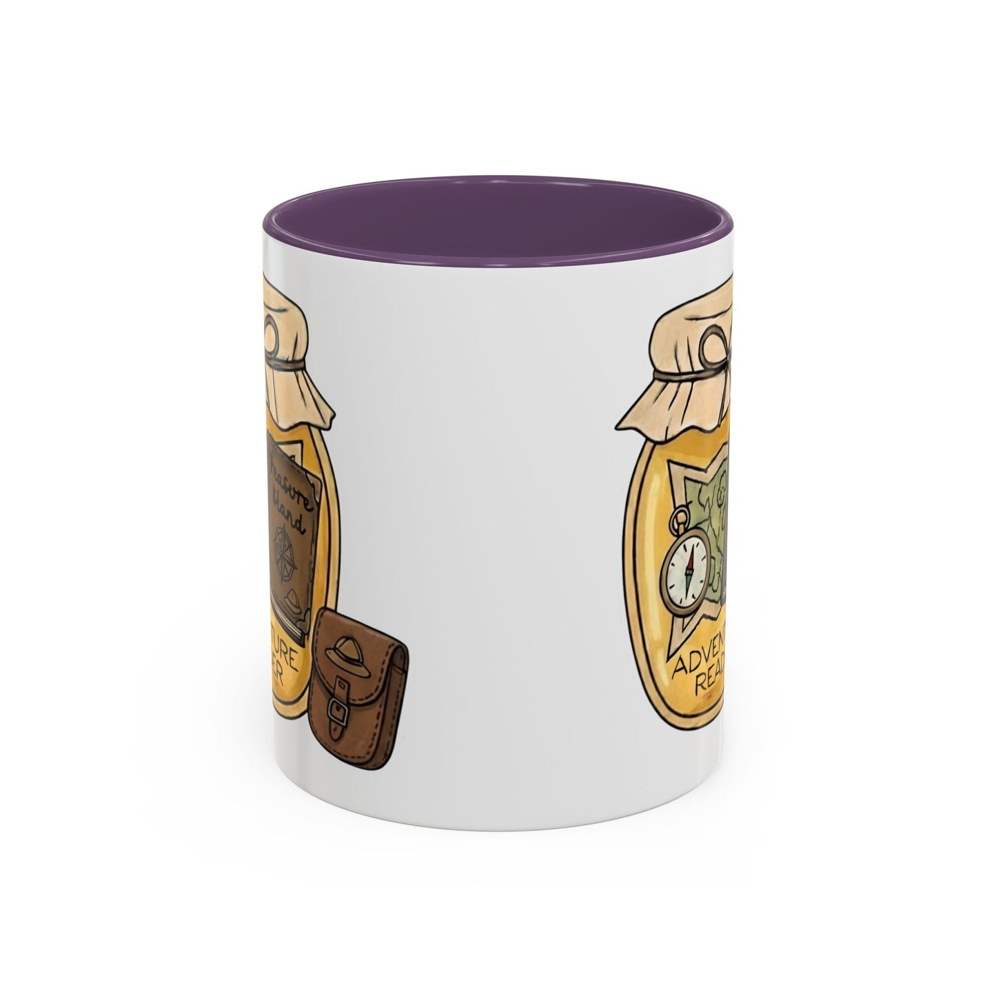 "Adventure Reader" Accent Coffee Mug — Bookish Travel Compass & Treasure Jam Jar Design