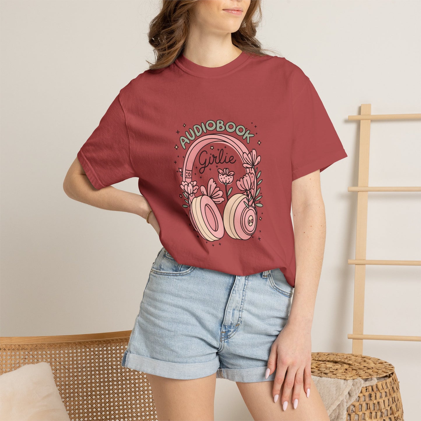 "Audiobook Girlie" T-Shirt — Floral Headphones Graphic Tee