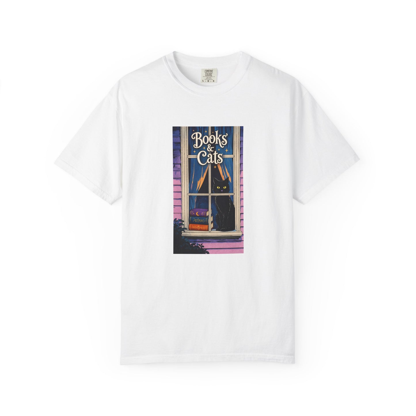 "Books & Cats" T-Shirt — Cozy Bookshop Window Graphic Tee
