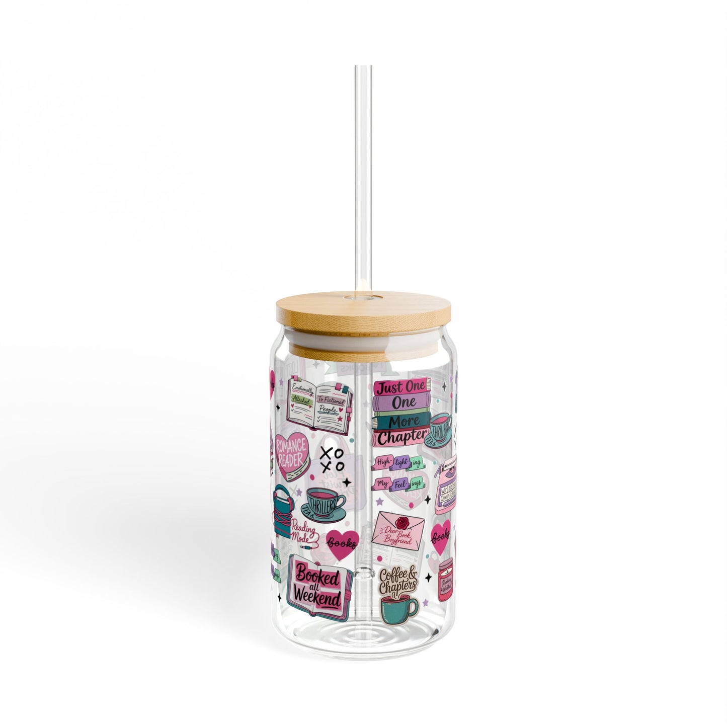 Romance Reader 16oz Sipper Glass with Retro Pink Sticker Collage